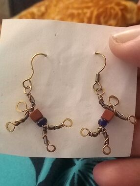 Handcrafted Gold-Tone Wire Earrings with Blue and Maroon Red Beads